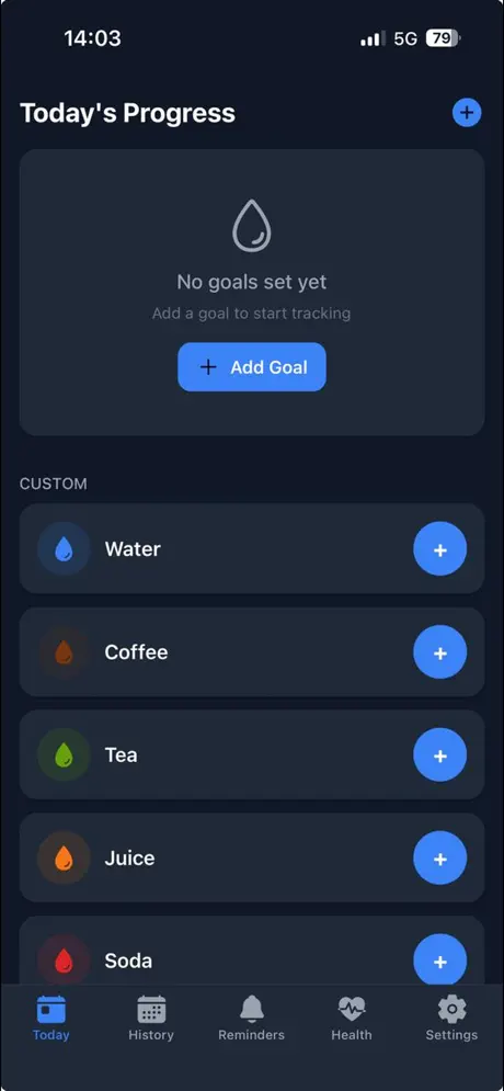 Beve Acqua app screen showing today's drink tracking